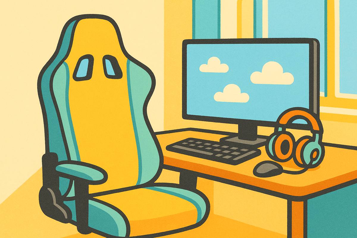 An empty gaming chair at a desk with a computer showing a sky-blue screen and a headset.