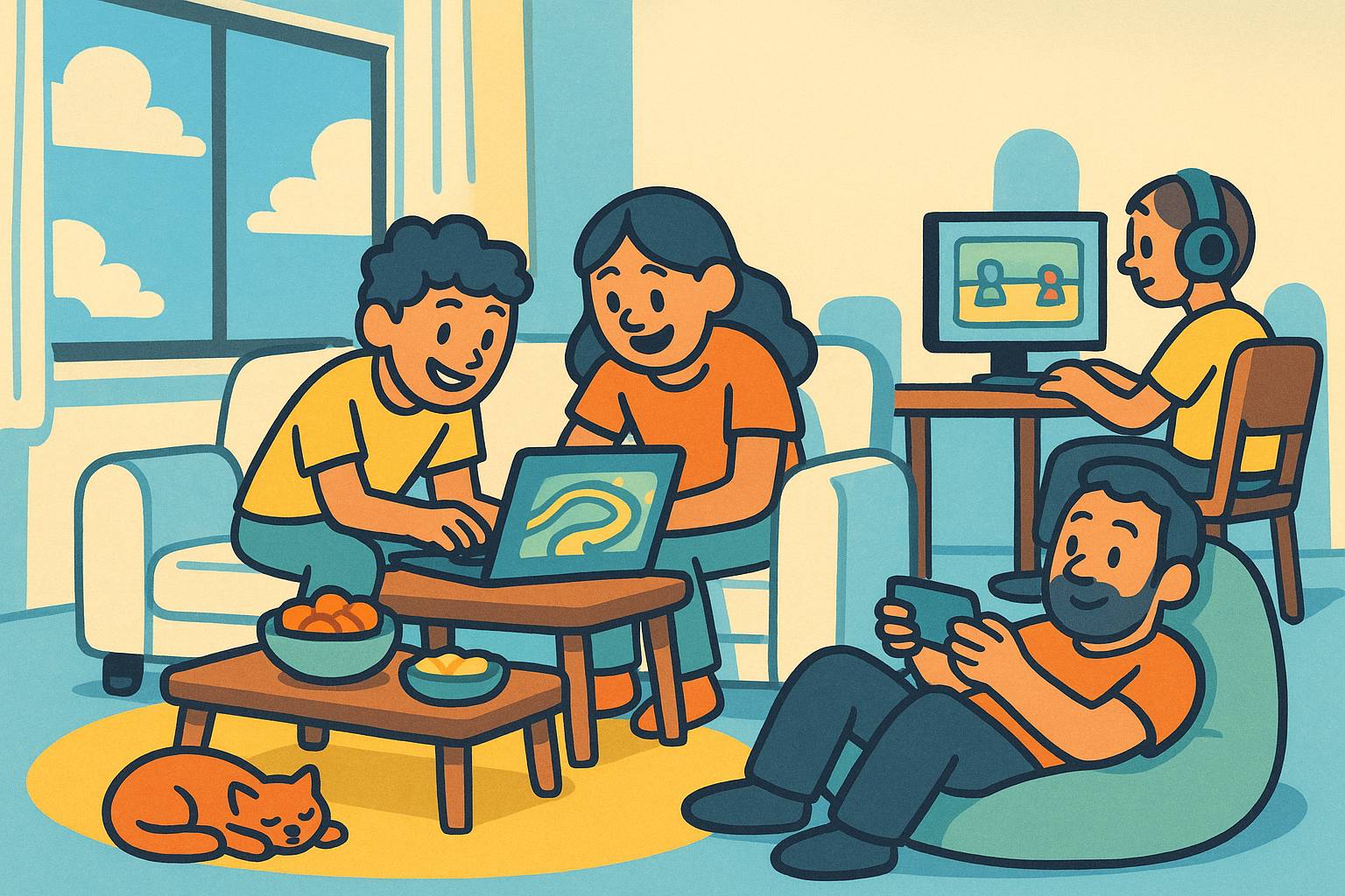 Four friends in a living room playing browser games together on a shared laptop, a phone and a desktop computer.