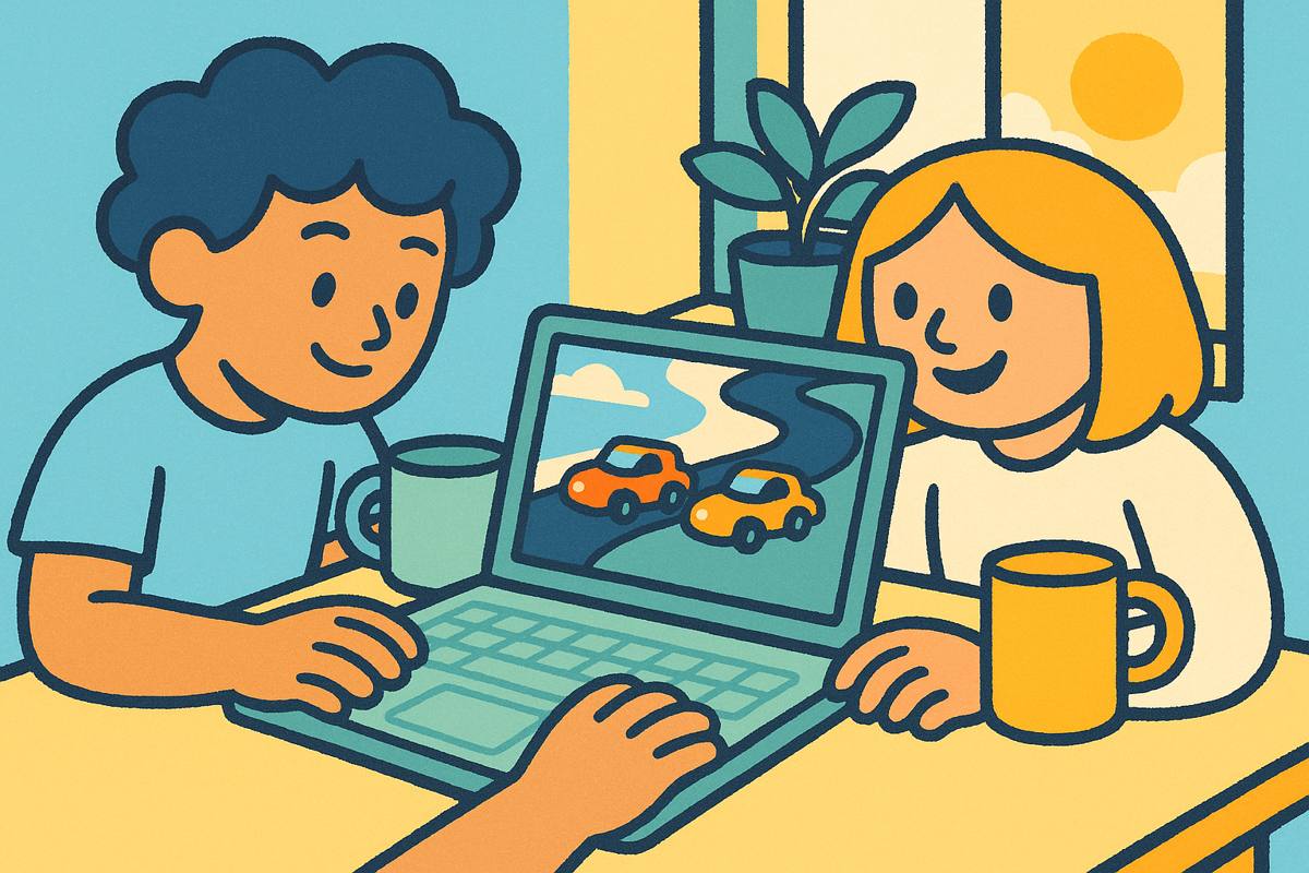 Two friends side by side at one laptop, one on the left keys and one on the arrow keys, with a racing game on screen.