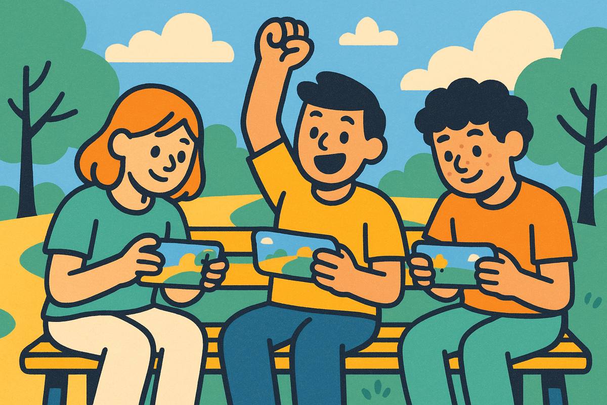 Three teenagers on a park bench playing the same online game on their phones, one cheering.